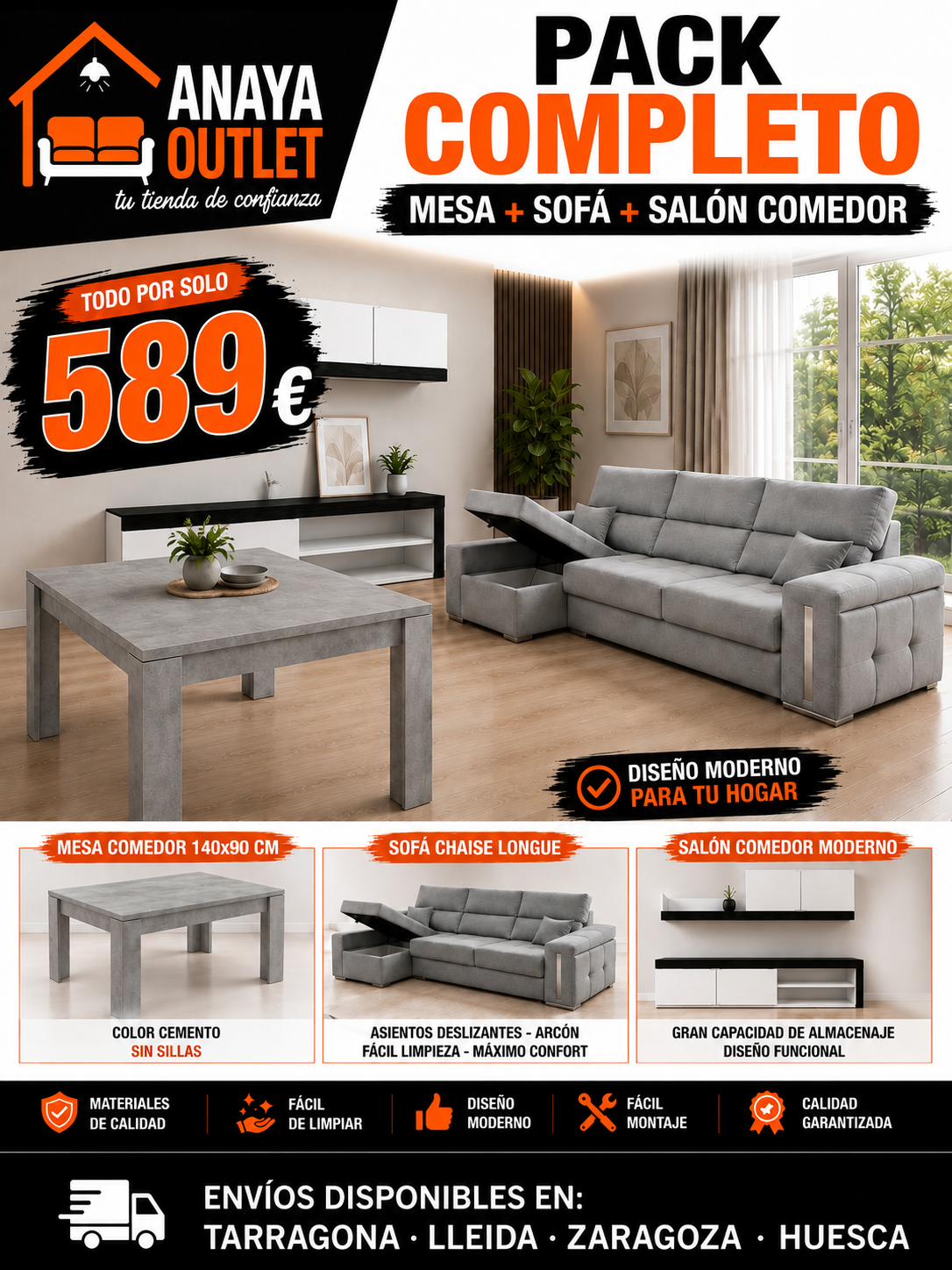 Pack Completo de Mesa + Sofá + Salón Comedor