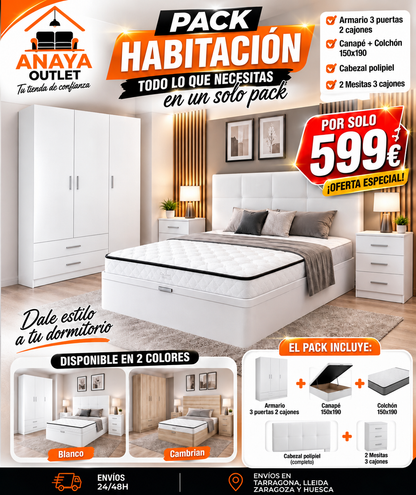 Pack Completo Habitación (armario+mesita+canapé+colchón y cabezal)