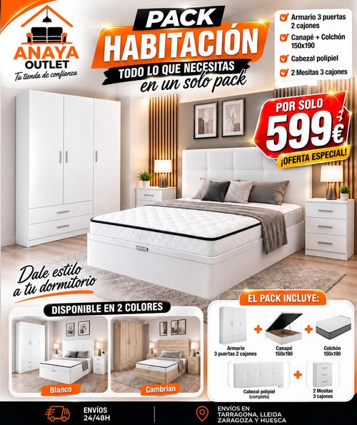 Pack Completo Habitación (armario+mesita+canapé+colchón y cabezal)
